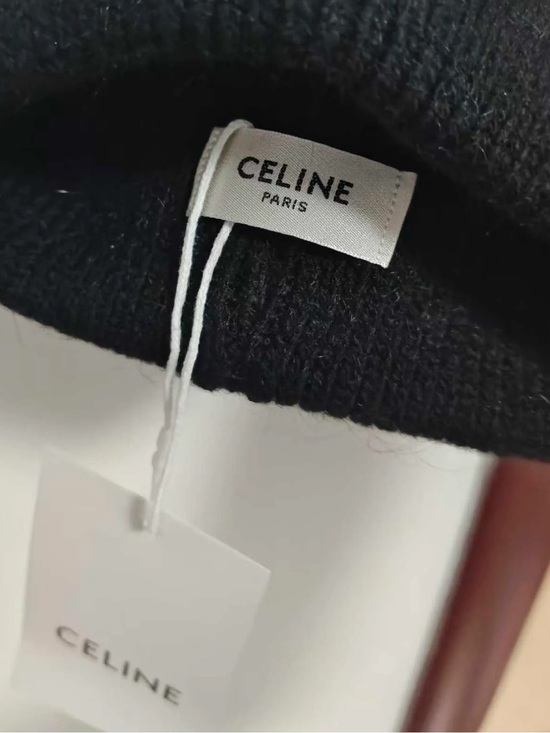 Celine Black Knit Beanie with Silver Logo Patch
